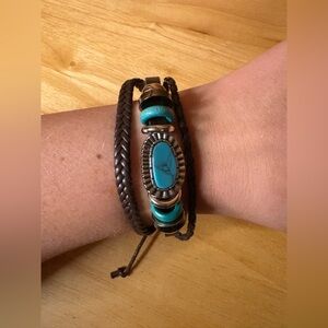Boho Faux Leather Bracelet w/ Turquoise-Style Beads